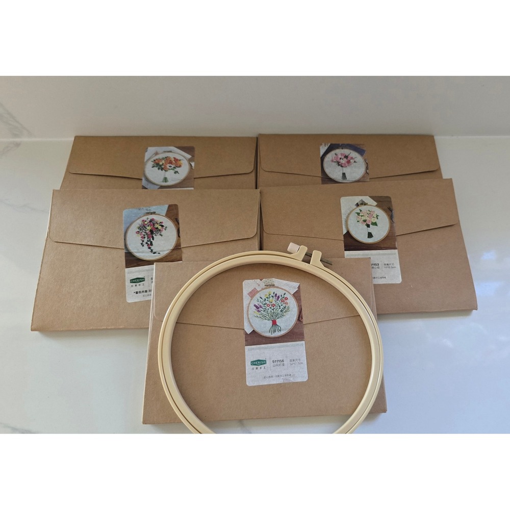 Cherish DIY Floral Embroidery Kits Set of 5 with Hoop Beginner Needlepoint Art